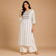 Women’s Off-White Printed Straight Kurta with Floral Yoke