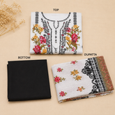 Off White Floral Printed Unstitched Dress Material with Black Bottom & Printed Dupatta