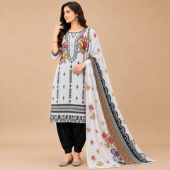 Off White Floral Printed Unstitched Dress Material with Black Bottom & Printed Dupatta