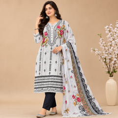 Off White Floral Printed Unstitched Dress Material with Black Bottom & Printed Dupatta
