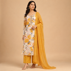 Designer Rayon Unstitched Suit Material with Floral Printed Top & Embellished Dupatta