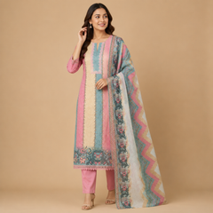 Printed Unstitched Cotton Blend Salwar Suit Dress Material with Lace Neck Design & Dupatta