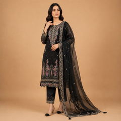 Women's Embroidered 3-Piece Suit with Organza Dupatta & Straight Trouser
