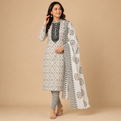 Off-White Embroidered Unstitched Cotton Blend Salwar 3-Piece Ethnic Material