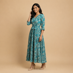 Floral Hand Block Print Anarkali Maxi Dress