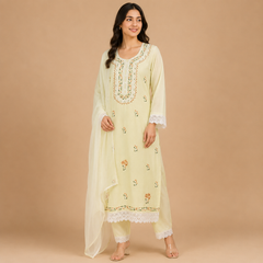 Women's Soft Butter Yellow Embroidered Kurta Set with Dupatta