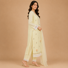 Women's Soft Butter Yellow Embroidered Kurta Set with Dupatta