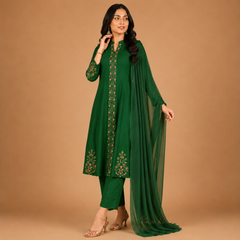 Women's Embroidered Anarkali Kurta Set with Straight Pants & Plain Dupatta