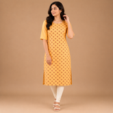 Women's Mustard Yellow Printed Straight Kurti with Half Sleeves