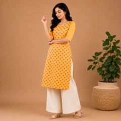 Women's Mustard Yellow Printed Straight Kurti with Half Sleeves