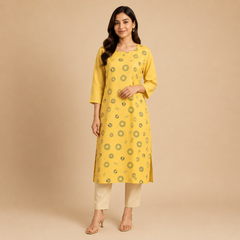 Women’s Mustard Yellow Circle Print Ethnic Straight Kurta