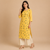 Women’s Mustard Yellow Circle Print Ethnic Straight Kurta