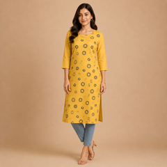 Women’s Mustard Yellow Circle Print Ethnic Straight Kurta