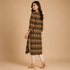 Women’s Brown & Navy Ikat Printed Straight Kurta