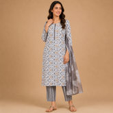 Women's Ivory White Floral Printed Kurta Pant Set with Grey Dupatta
