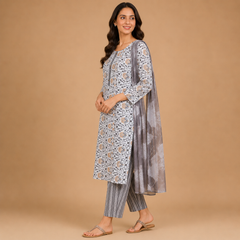 Women's Ivory White Floral Printed Kurta Pant Set with Grey Dupatta