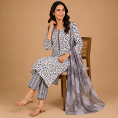 Women's Ivory White Floral Printed Kurta Pant Set with Grey Dupatta