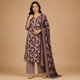 Ethnic Coffee Brown Floral Printed Cotton Kurta Pant Dupatta Set