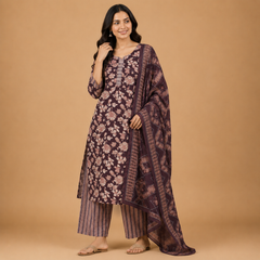 Ethnic Coffee Brown Floral Printed Cotton Kurta Pant Dupatta Set