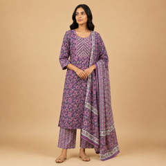 Purple Floral Printed Kurta Set with Embroidered Yoke & Matching Dupatta for Women