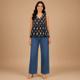 Casual Sleeveless V-Neck Printed Peplum Crop Top for Women