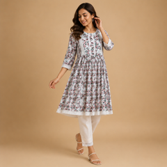 Women's Off White Geometric Printed Cotton Kurti with Lace Detail