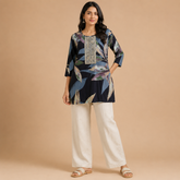 Women's Navy Blue Abstract Leaf Printed Short Kurti