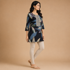Women's Navy Blue Abstract Leaf Printed Short Kurti