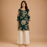 Women's Dark Green Floral Printed Straight Short Kurti