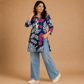 Women's Navy Blue Floral Printed Straight Short Kurti
