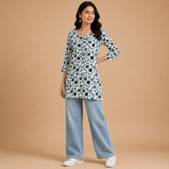 Women's White Abstract Print Short Kurti