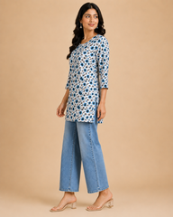 Women's White Multi Printed Short Kurti