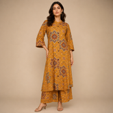 Mustard Yellow Ethnic Printed A-Line Kurti with Palazzo Set for Women