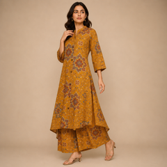 Mustard Yellow Ethnic Printed A-Line Kurti with Palazzo Set for Women