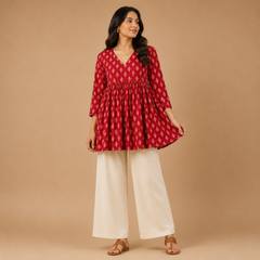 Women's Printed Cotton Blend Empire Waist Flared Tunic Top
