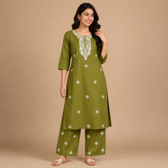 Women's Embroidered Cotton Blend Ethnic Co-ord Set