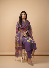 Ethereal Violet Hand-Painted Organza Salwar Suite with Floral Accents
