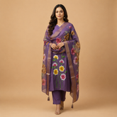 Ethereal Violet Hand-Painted Organza Salwar Suite with Floral Accents