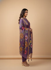 Ethereal Violet Hand-Painted Organza Salwar Suite with Floral Accents