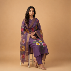 Ethereal Violet Hand-Painted Organza Salwar Suite with Floral Accents