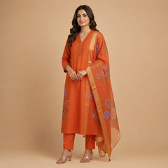 Rust Orange Floral Anarkali Set with Embellished Neckline and Organza Dupatta