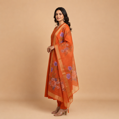 Rust Orange Floral Anarkali Set with Embellished Neckline and Organza Dupatta