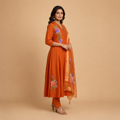 Rust Orange Floral Anarkali Set with Embellished Neckline and Organza Dupatta