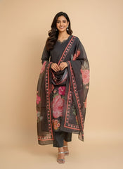 Midnight Charcoal Silk Suit with Bold Crimson Floral Accents
