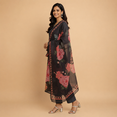 Midnight Charcoal Silk Suit with Bold Crimson Floral Accents