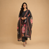Midnight Charcoal Silk Suit with Bold Crimson Floral Accents