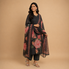 Midnight Charcoal Silk Suit with Bold Crimson Floral Accents