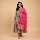 Slate Grey Embroidered Anarkali Set with Rich Banarasi Silk Dupatta
