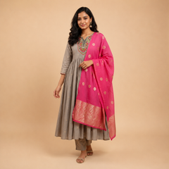 Slate Grey Embroidered Anarkali Set with Rich Banarasi Silk Dupatta