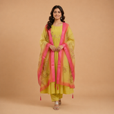 Lime Green Anarkali Set with Floral Organza Dupatta